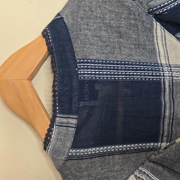 FRNCH Paris Blue Gray Plaid Ruffle Button Down Top 100% Cotton Size L - Picture 10 of 12